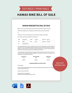 Hawaii Bike/ Bicycle Bill of Sale Template