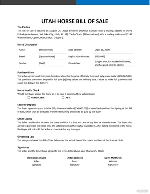 Utah Horse Bill of Sale Template