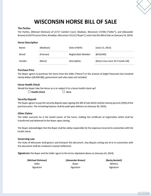 Wisconsin Horse Bill of Sale Template