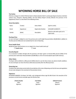 Wyoming Horse Bill of Sale Template