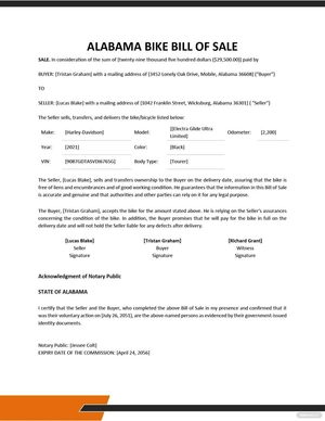 Alabama Bike/ Bicycle Bill of Sale Template