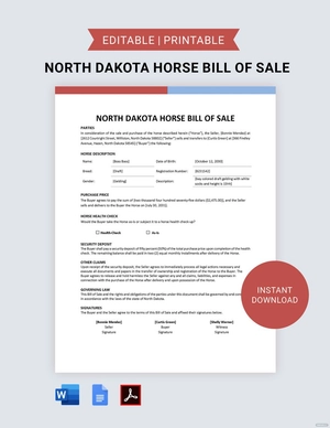 North Dakota Horse Bill of Sale Template
