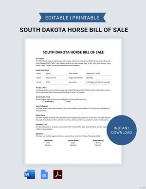 South Dakota Horse Bill of Sale Template