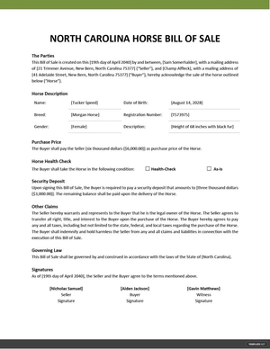 North Carolina Horse Bill of Sale Template
