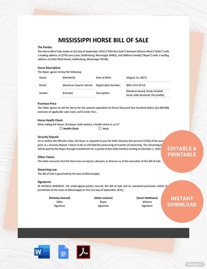 Mississippi Horse Bill of Sale Template