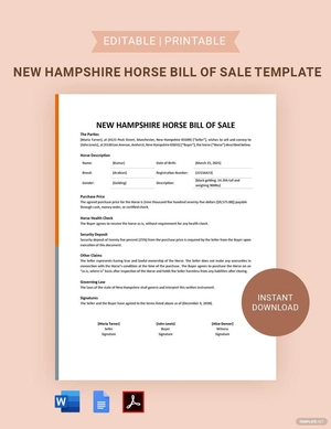 New Hampshire Horse Bill of Sale Template