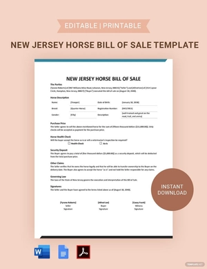 New Jersey Horse Bill of Sale Template