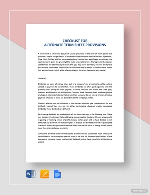 Checklist Alternate Term Sheet Provisions Template