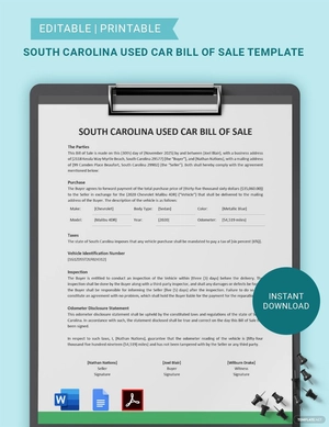 South Carolina Used Car Bill of Sale Template South Carolina Used Car Bill of Sale Template
