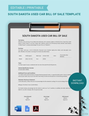 South Dakota Used Car Bill of Sale Template South Dakota Used Car Bill of Sale Template