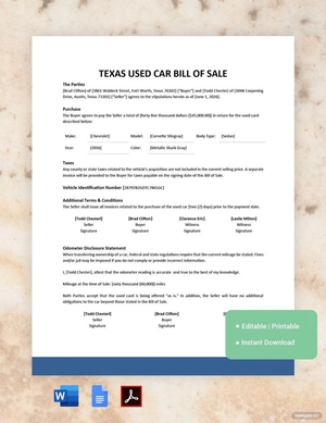 Texas Used Car Bill of Sale Template Texas Used Car Bill of Sale Template