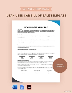 Utah Used Car Bill of Sale Template Utah Used Car Bill of Sale Template
