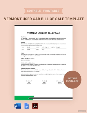 Vermont Used Car Bill of Sale Template Vermont Used Car Bill of Sale Template
