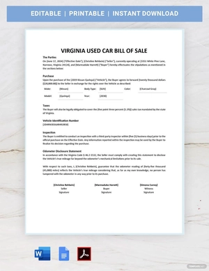 Virginia Used Car Bill of Sale Template Virginia Used Car Bill of Sale Template