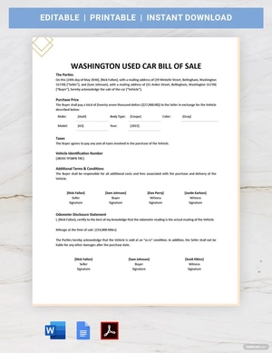 Washington Used Car Bill of Sale Template Washington Used Car Bill of Sale Template