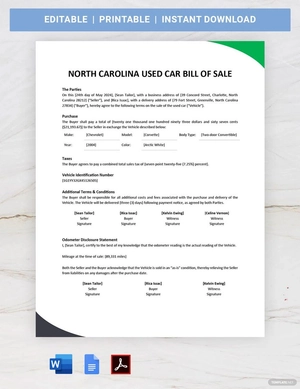 North Carolina Used Car Bill of Sale Form Template North Carolina Used Car Bill of Sale Form Template