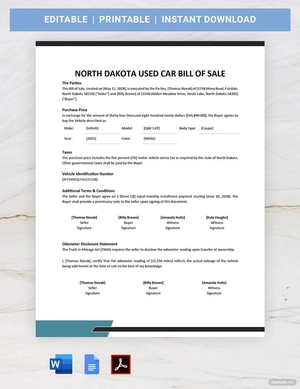 North Dakota Used Car Bill of Sale Template North Dakota Used Car Bill of Sale Template