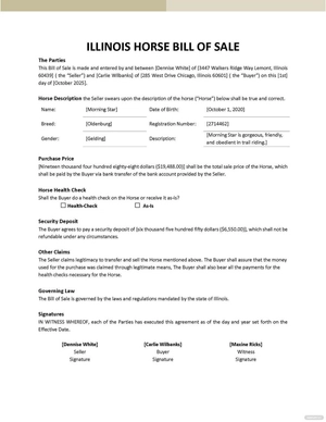 Illinois Horse Bill of Sale Template