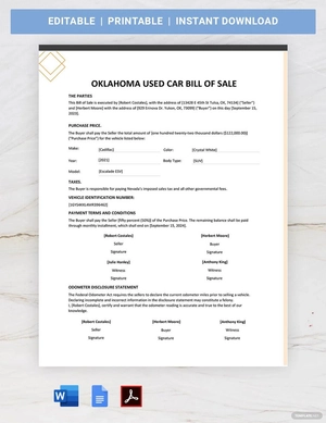 Oklahoma Used Car Bill of Sale Template Oklahoma Used Car Bill of Sale Template