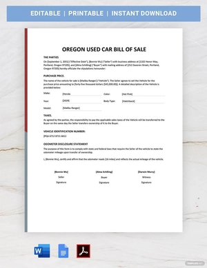 Oregon Used Car Bill of Sale Template Oregon Used Car Bill of Sale Template