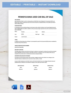 Pennsylvania Used Car Bill of Sale Template Pennsylvania Used Car Bill of Sale Template