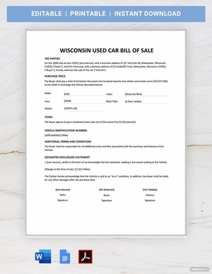 Wisconsin Used Car Bill of Sale Template Wisconsin Used Car Bill of Sale Template