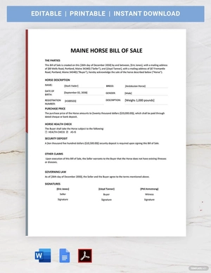 Maine Horse Bill of Sale Form Template