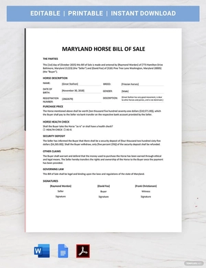 Maryland Horse Bill of Sale Template