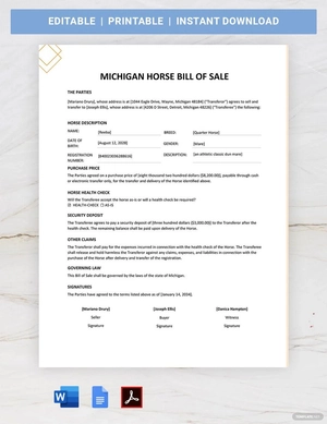 Michigan Horse Bill of Sale Template