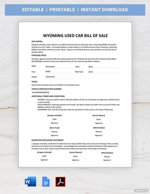 Wyoming Used Car Bill of Sale Template Wyoming Used Car Bill of Sale Template