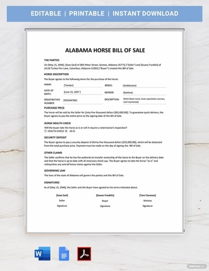 Alabama Horse Bill of Sale Template