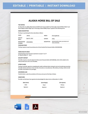 Alaska Horse Bill of Sale Template