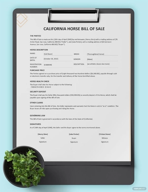 California Horse Bill of Sale Template