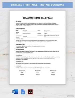 Delaware Horse Bill of Sale Template