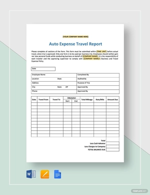 Auto Expense Travel Report Template