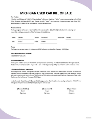 Michigan Used Car Bill of Sale Template Michigan Used Car Bill of Sale Template