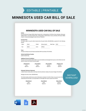 Minnesota Used Car Bill of Sale Template Minnesota Used Car Bill of Sale Template