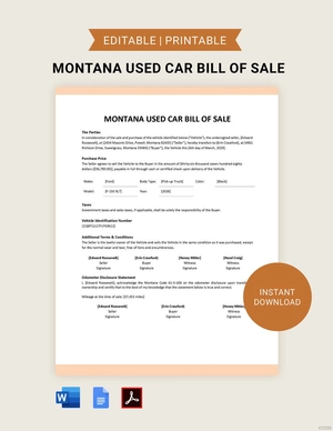 Montana Used Car Bill of Sale Template Montana Used Car Bill of Sale Template
