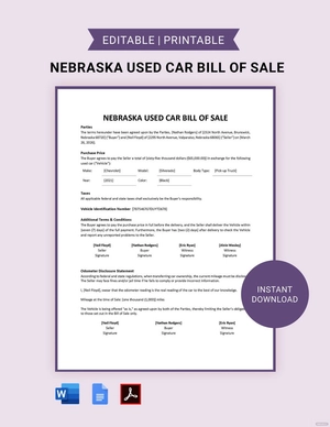 Nebraska Used Car Bill of Sale Template Nebraska Used Car Bill of Sale Template