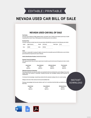 Nevada Used Car Bill of Sale Template Nevada Used Car Bill of Sale Template