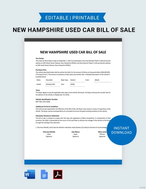 New Hampshire Used Car Bill of Sale Template New Hampshire Used Car Bill of Sale Template