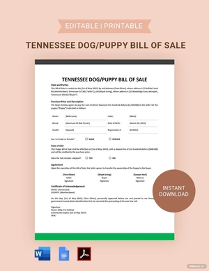 Tennessee Dog / Puppy Bill of Sale Template