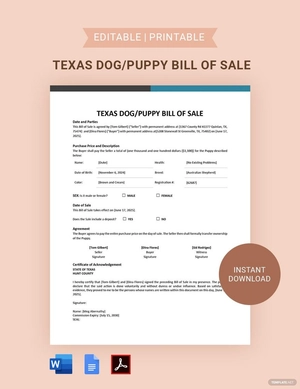 Texas Dog / Puppy Bill of Sale Template