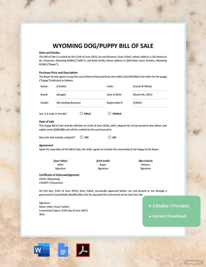Wyoming Dog / Puppy Bill of Sale Template