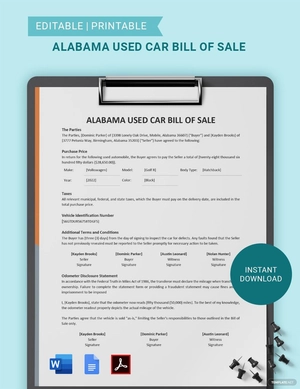 Alabama Used Car Bill of Sale Template Alabama Used Car Bill of Sale Template
