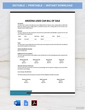 Arizona Used Car Bill of Sale Template Arizona Used Car Bill of Sale Template