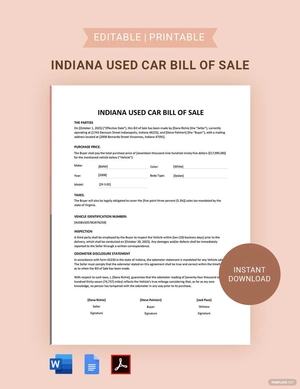 Indiana Used Car Bill of Sale Template Indiana Used Car Bill of Sale Template