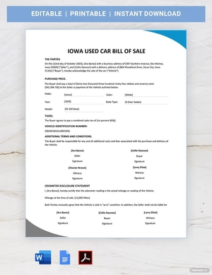 Iowa Used Car Bill of Sale Template Iowa Used Car Bill of Sale Template
