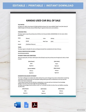 Kansas Used Car Bill of Sale Template Kansas Used Car Bill of Sale Template