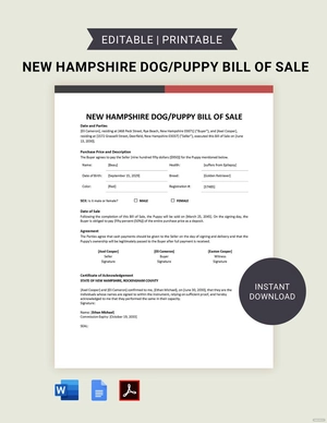 New Hampshire Dog / Puppy Bill of Sale Template